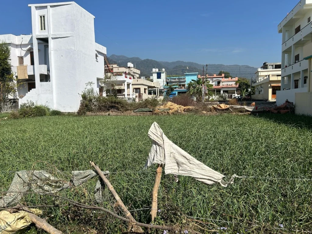 Residential plot with lush green field surrounded by modern houses and scenic mountain views – ideal for development, listed by RRB Properties.